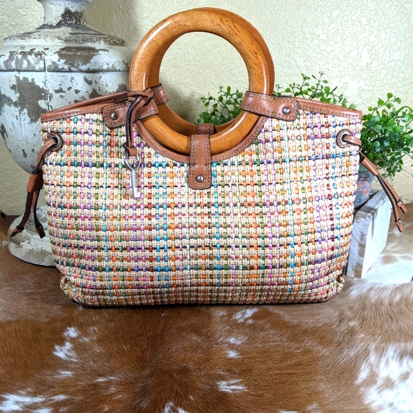 Fossil Pastel Basket Weave Straw Wood Handle Leather Trim - Picture 1 of 7